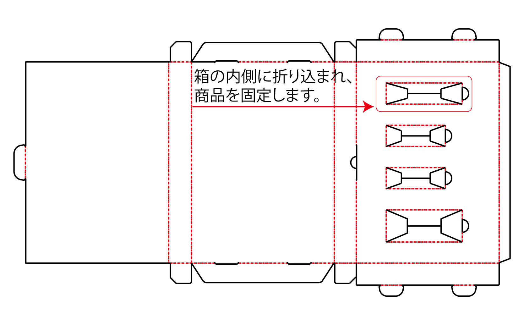 商品のサイズに合わせた箱一体型のゲス